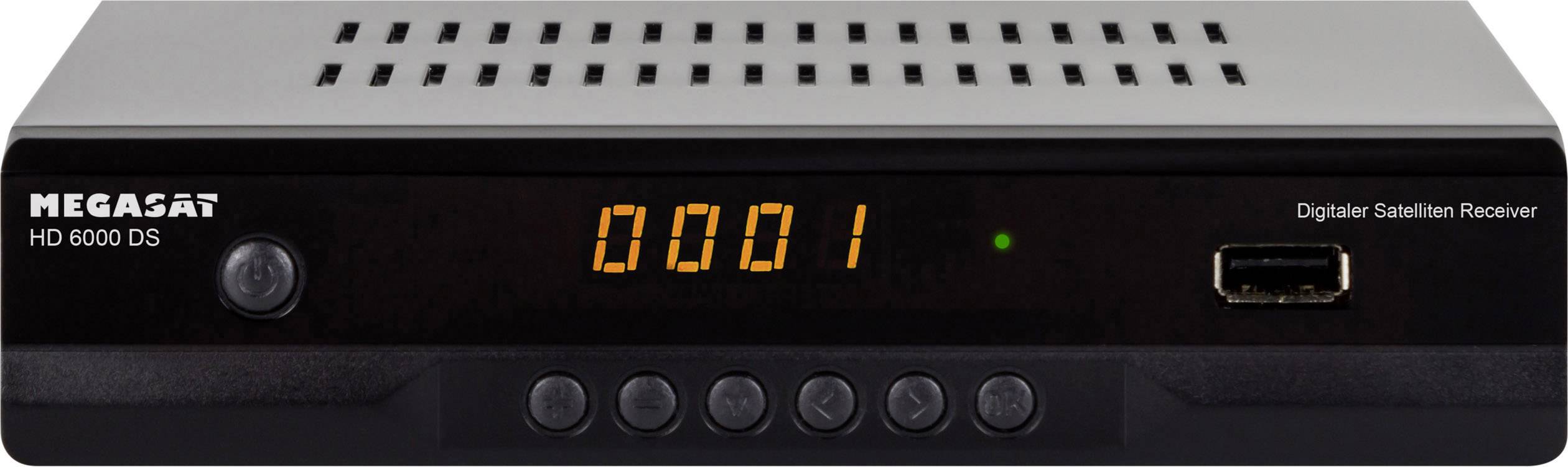 Egy digitális műholdvevő, HD 6000 DS modell, világító '0001' kijelzővel és több kezelőgombbal az előlapon.