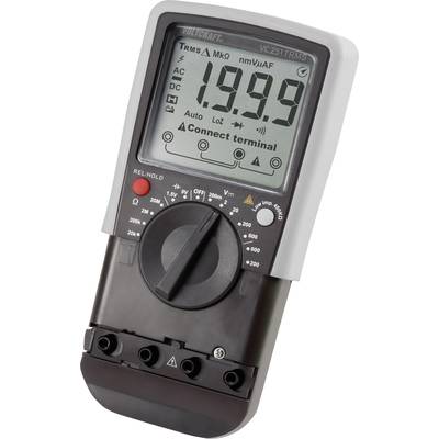 Egy digitális multiméter nagy kijelzővel 1,999 értéket mutat. A forgókapcsoló és a csatlakozók láthatóak.