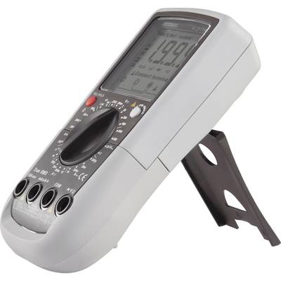Egy digitális multiméter áll egy állványon. A kijelzőn '19.91' látható. Több csatlakozóval és egy nagy funkcióválasztó kapcsolóval rendelkezik.