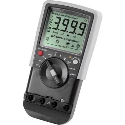 A multiméter kijelzőjén 3,999-es mérési érték látható. A forgókapcsoló különböző mérési funkciók közötti választásra szolgál. A 'VOLTCRAFT' márkanév jól kivehető.