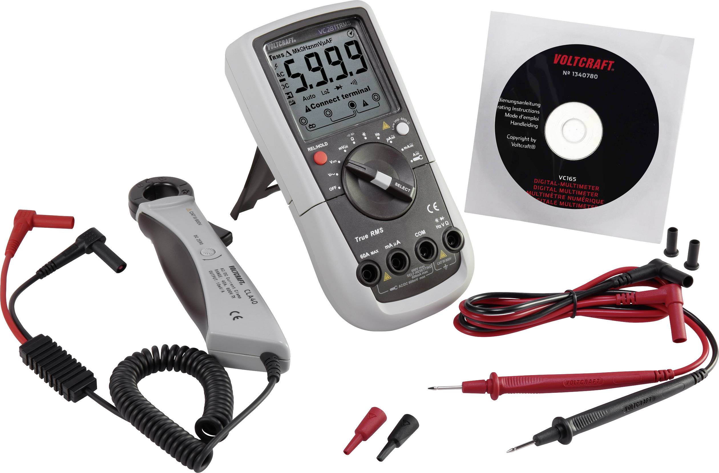 Digitális kézi multiméter lakatfogó adapterrel CAT III 600 V kijelző (digitek): 6000 VOLTCRAFT VC281-1