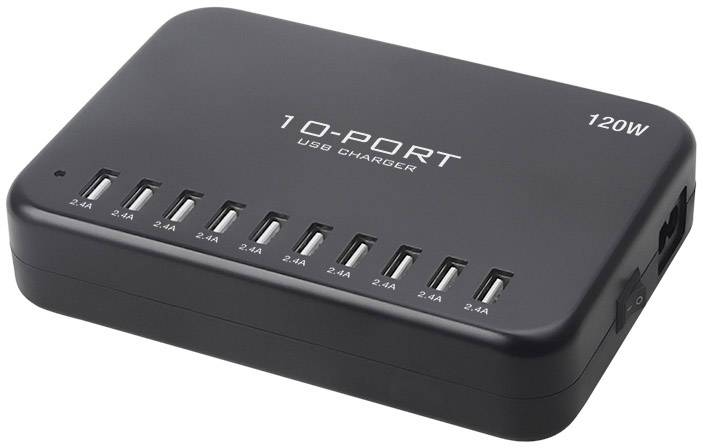 Fekete, 120W teljesítményű 10 portos USB-töltő. Minden port 2,4A áramerősséget biztosít.