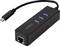 Egy fekete USB-elosztó három USB 3.0-csatlakozóval, Ethernet-porttal és USB-C kábellel az eszközökhöz történő csatlakoztatáshoz.