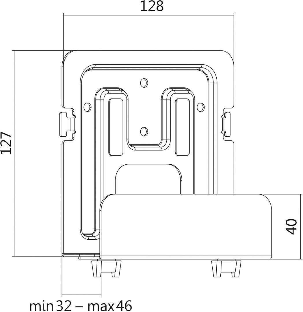 Műszaki rajz egy eszközről méretekkel: szélesség 128 mm, magasság 127 mm, mélység 40 mm. Állítható tartomány: 32-től 46 mm-ig.