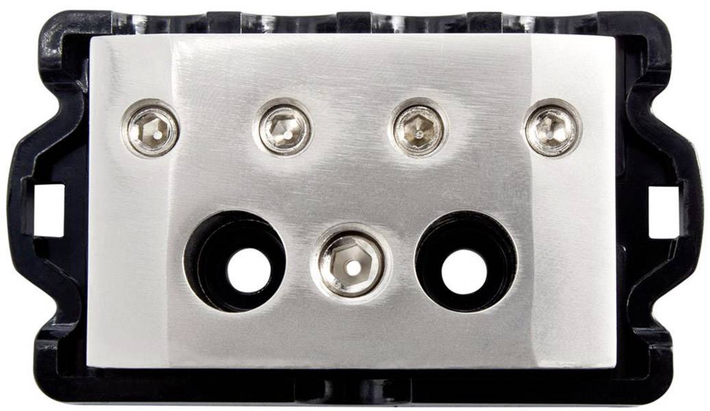 Egy fémlemez öt elektromos csatlakozási ponttal téglalap alakú, fekete házban.