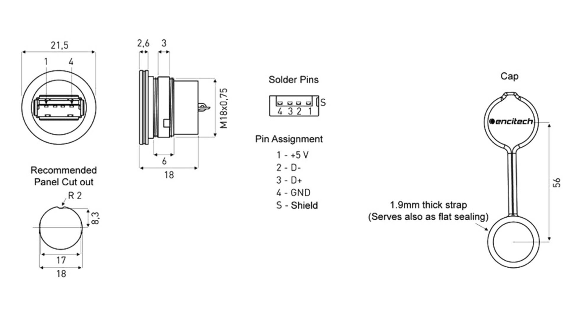 Műszaki rajz egy USB-csatlakozóról védőfedéllel, méreteket és érintkezőkiosztást mutat. Érintkezők: 1. +5V, 2. D-, 3. D+, 4. GND, 5. Árnyékolás.