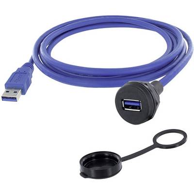 Kék USB 3.0 hosszabbító kábel aljzattal és fekete védőburkolattal.