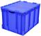 Kék műanyag tároló fedéllel, alkalmas tárolásra és szállításra. Robusztus kivitel oldalsó fogantyúnyílásokkal.