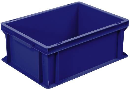 Kék műanyag doboz téglalap alakban. Sima oldalfalakkal és lekerekített sarkokkal rendelkezik, tárolásra alkalmas.