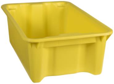 Sárga műanyag láda, téglalap alakú és mély, látható tartalom nélkül. Alkalmas tárolásra vagy szállításra.