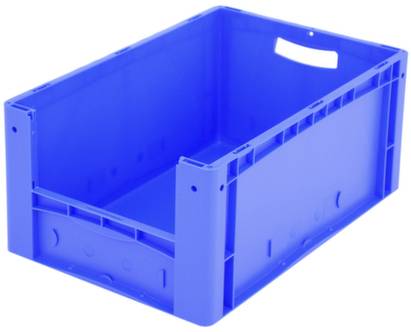 Egy téglalap alakú, kék műanyag doboz nyitott fogantyúkkal az oldalán. Alkalmas tárolásra vagy szállításra.