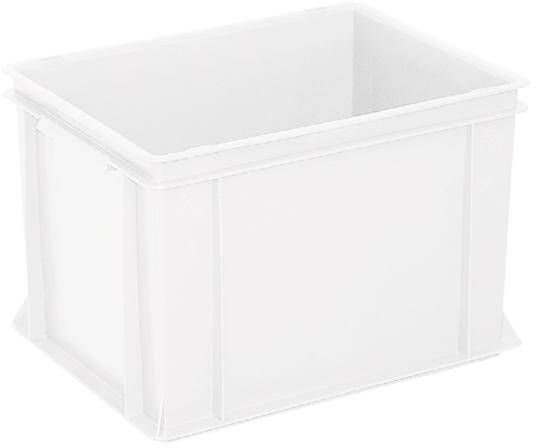 Fehér, téglalap alakú műanyag doboz nyitott tetővel, alkalmas tárgyak tárolására vagy szállítására.