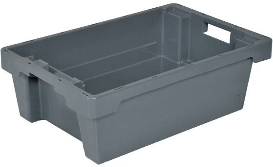Szürke műanyag láda erős fogantyúkkal, téglalap alakú. Alkalmas áruk tárolására és szállítására.