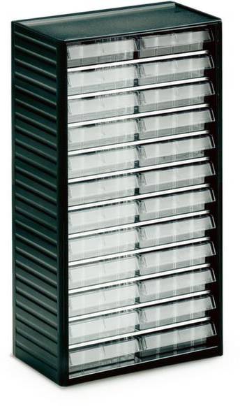 Egy fekete, magas tárolószekrény több átlátszó fiókkal, amely alkalmas kis tárgyak vagy irodai kellékek tárolására.