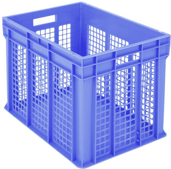 Kék műanyag láda rácsos mintázattal, téglalap alakú, tárolásra vagy szállításra alkalmas.