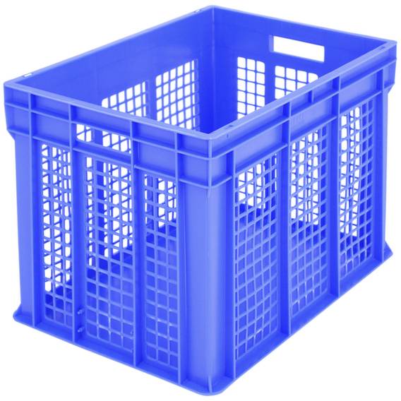 Kék műanyag láda nyitott, rácsszerű falakkal, ideális tárgyak tárolására vagy szállítására.