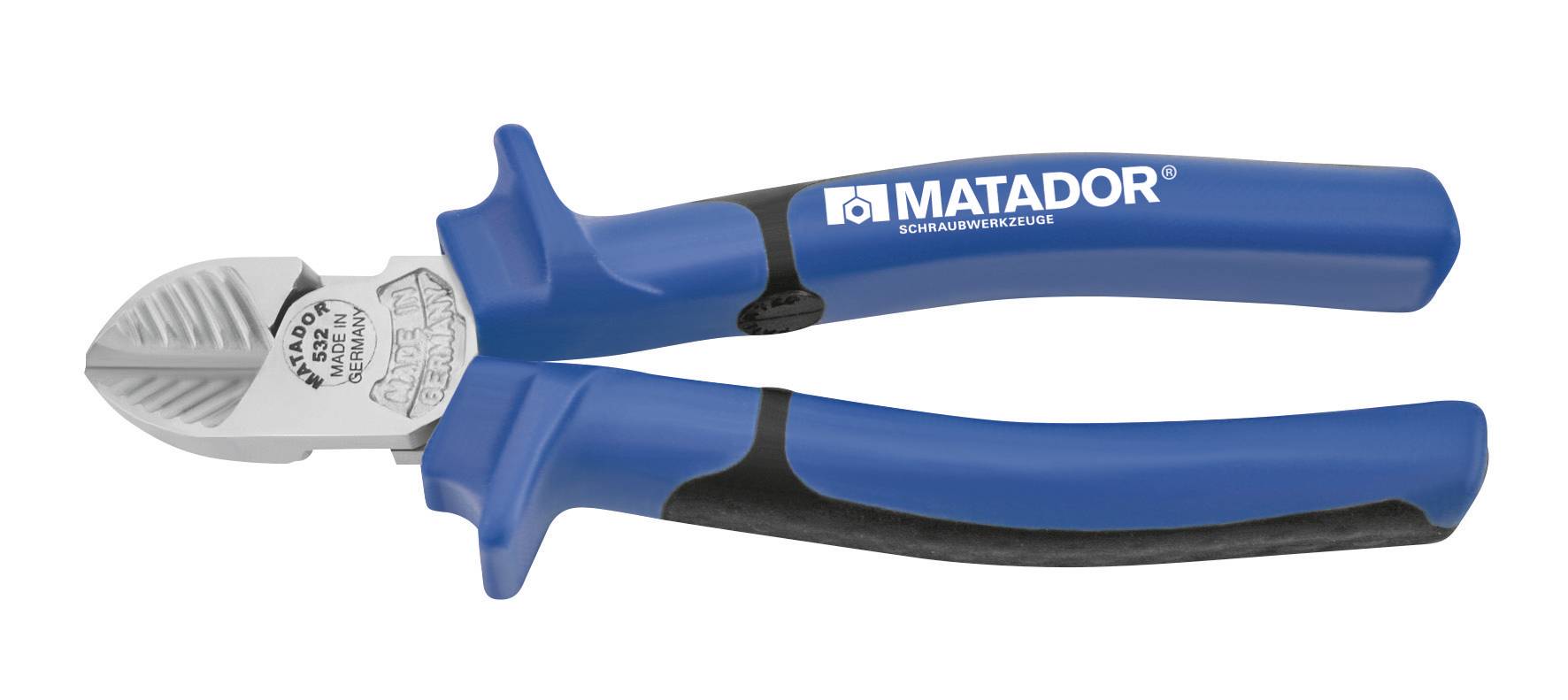 Kék oldalcsípő fogó ergonomikus markolattal, kábel- és huzalvágási munkákhoz alkalmas. A markolaton "Matador" felirat és műszaki részletek láthatók.