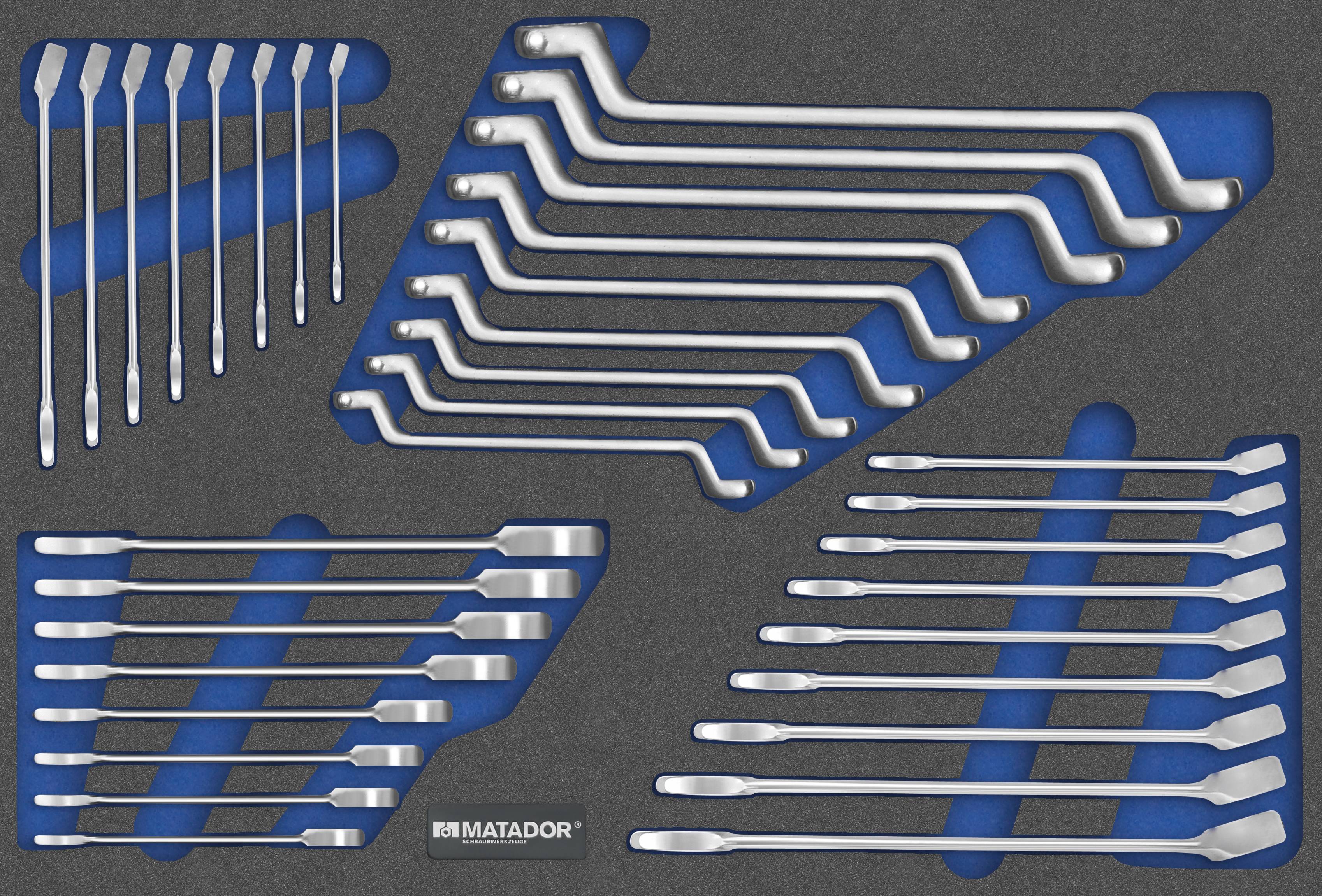 'Evőkanál-hajlítóeszközök készlete különböző méretekben és formákban, kék háttér előtt, formázott tartóba rendezve.'