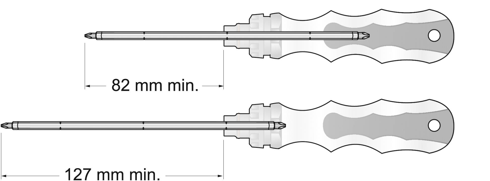 Két csavarhúzó eltérő hosszúsággal. Felül: rövidebb, '82 mm min.' mérettel. Alul: hosszabb, '127 mm min.' mérettel és hasonló dizájnnal.