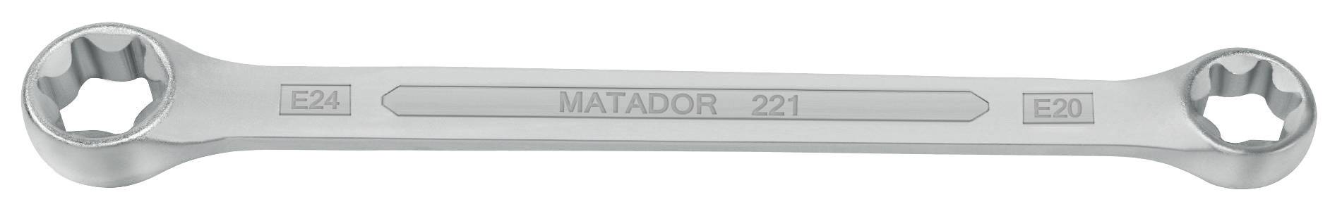 Fém kettős gyűrűskulcs két eltérő méretben, E24 és E20 méretekkel, 'MATADOR 221' jelöléssel.