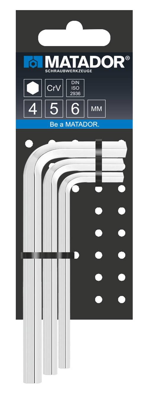 Matador márkájú, három különböző méretű (4, 5, 6 mm) hatszögkulcsokat tartalmazó csomag.