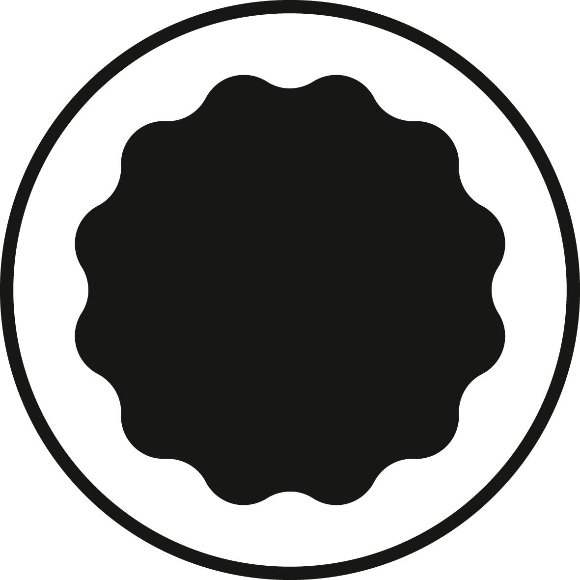 Fekete, kerek alak szabálytalan szélekkel egy fehér kör közepén. Szimmetrikus, letisztult dizájn.
