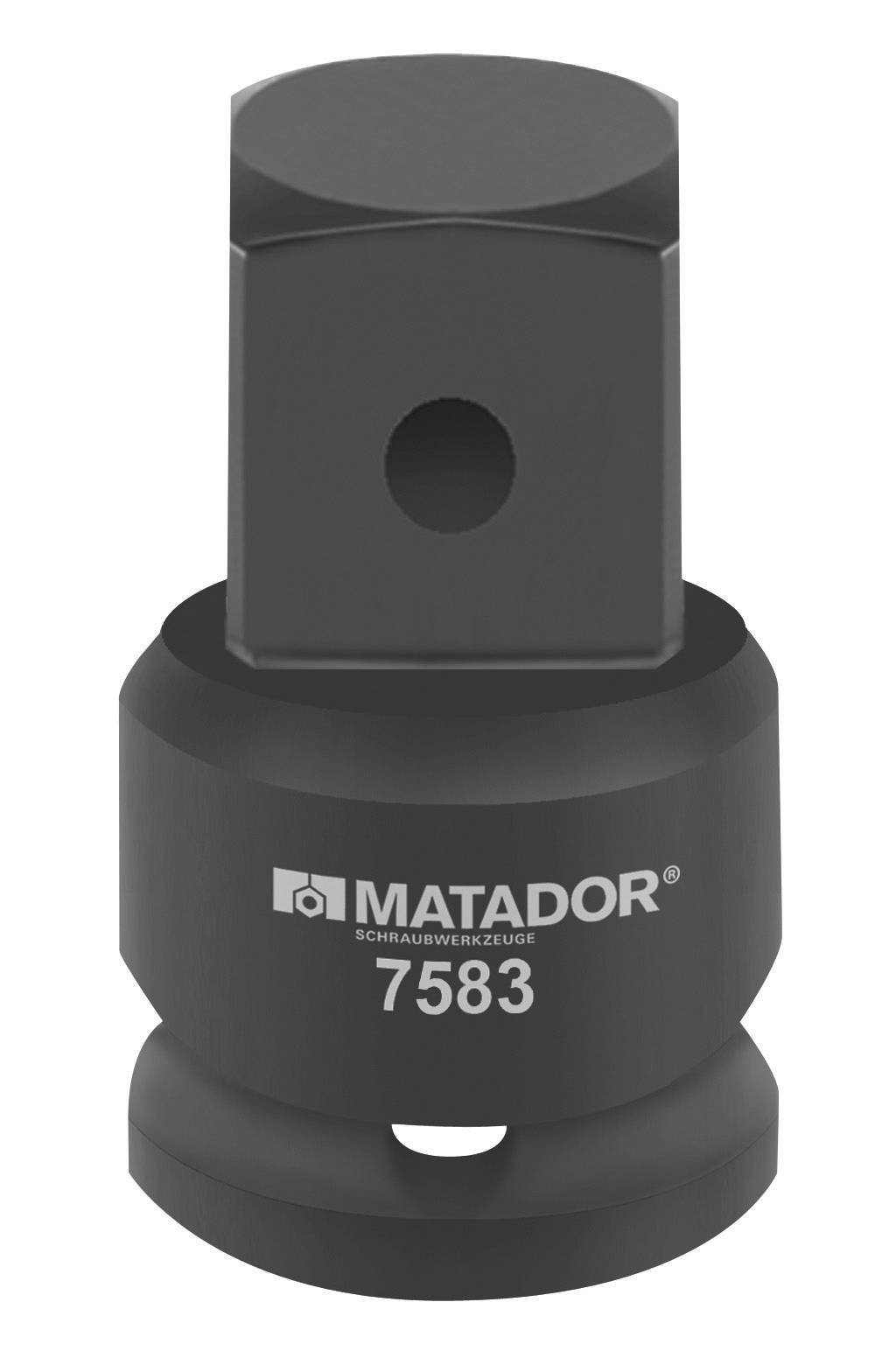 Fényes fekete csatlakozó adapter négyzet alakú fejjel, oldalsó lyukkal és a talapzatán 'MATADOR 7583' felirattal.