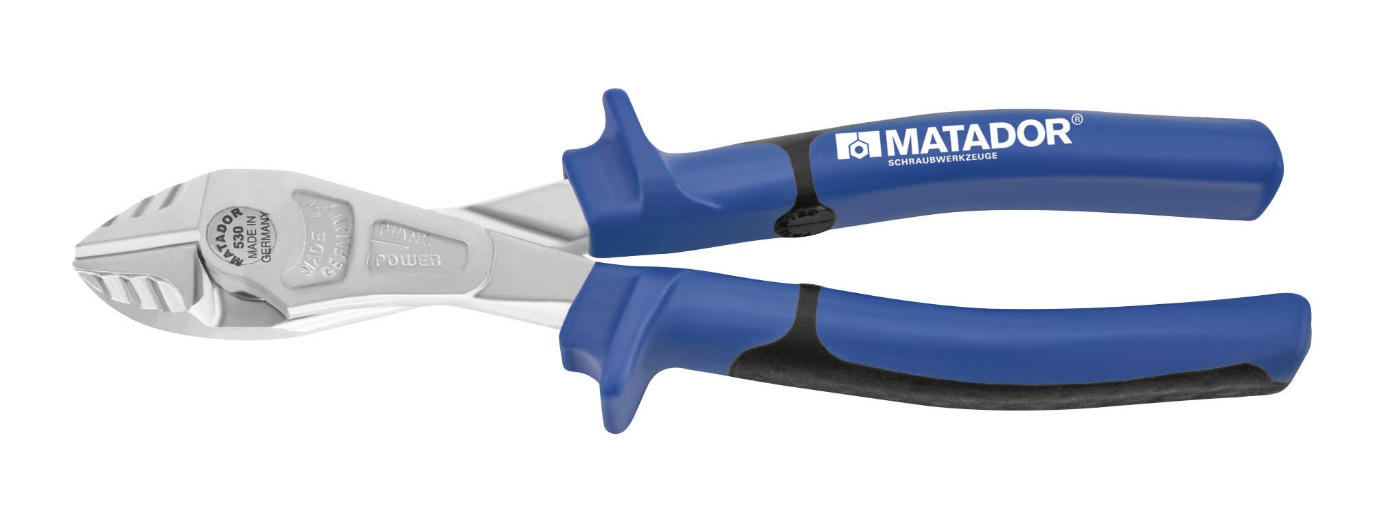 Matador kék oldalcsípő fogó, ergonomikus markolattal és ezüstszínű vágófejelméssel, drótok vágására alkalmas.