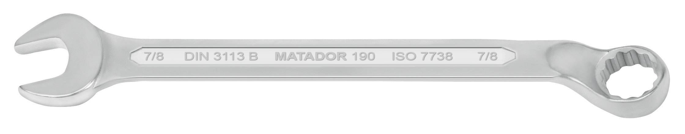 Egy ezüstszínű villáskulcs '7/8 DIN 3113 B MATADOR 190 ISO 7738 7/8' felirattal, nyitott vég balra, villáskulcs rész jobbra.