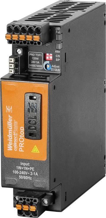 Weidmüller PROtop típusú, narancssárga címkéjű elektromos tápegység, 120 W teljesítményű, 100-240 V-os hálózati feszültséghez alkalmas, csatlakozókkal ellátva.