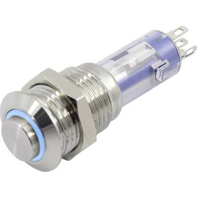 Egy fémből készült nyomógomb kék LED-jelzéssel és három csatlakozóérintkezővel. Alkalmas elektromos áramkörök és készülékek számára.