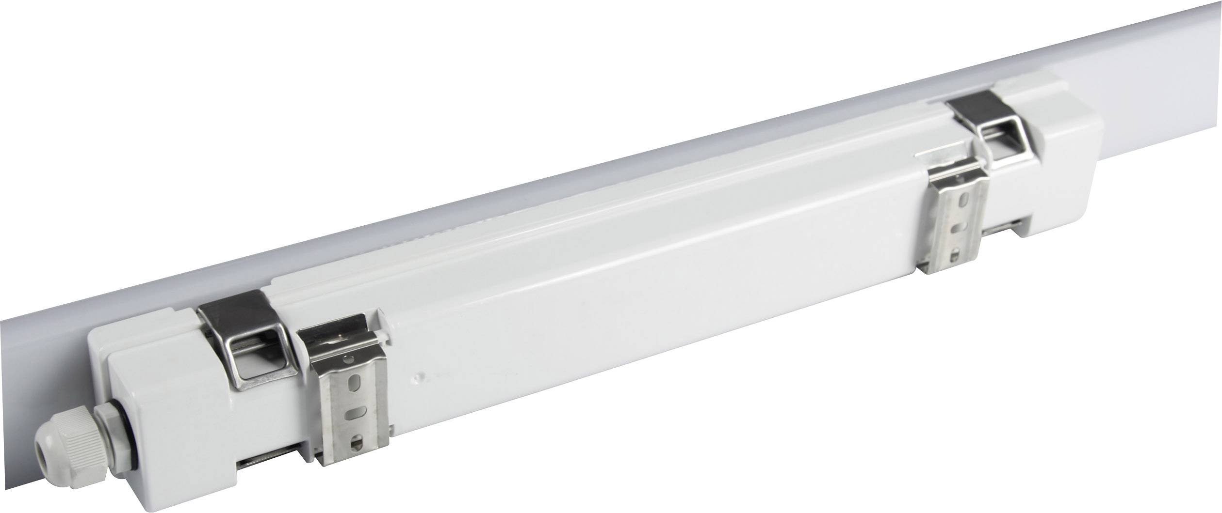 Egy fehér, téglalap alakú LED-lámpatest két ezüst rögzítővel a végein.