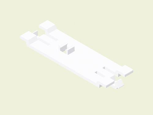 Fehér, egyszerű 3D-struktúra izometrikus ábrázolása bézs háttérrel. A struktúra téglalap alakú kiemelkedéseket tartalmaz.