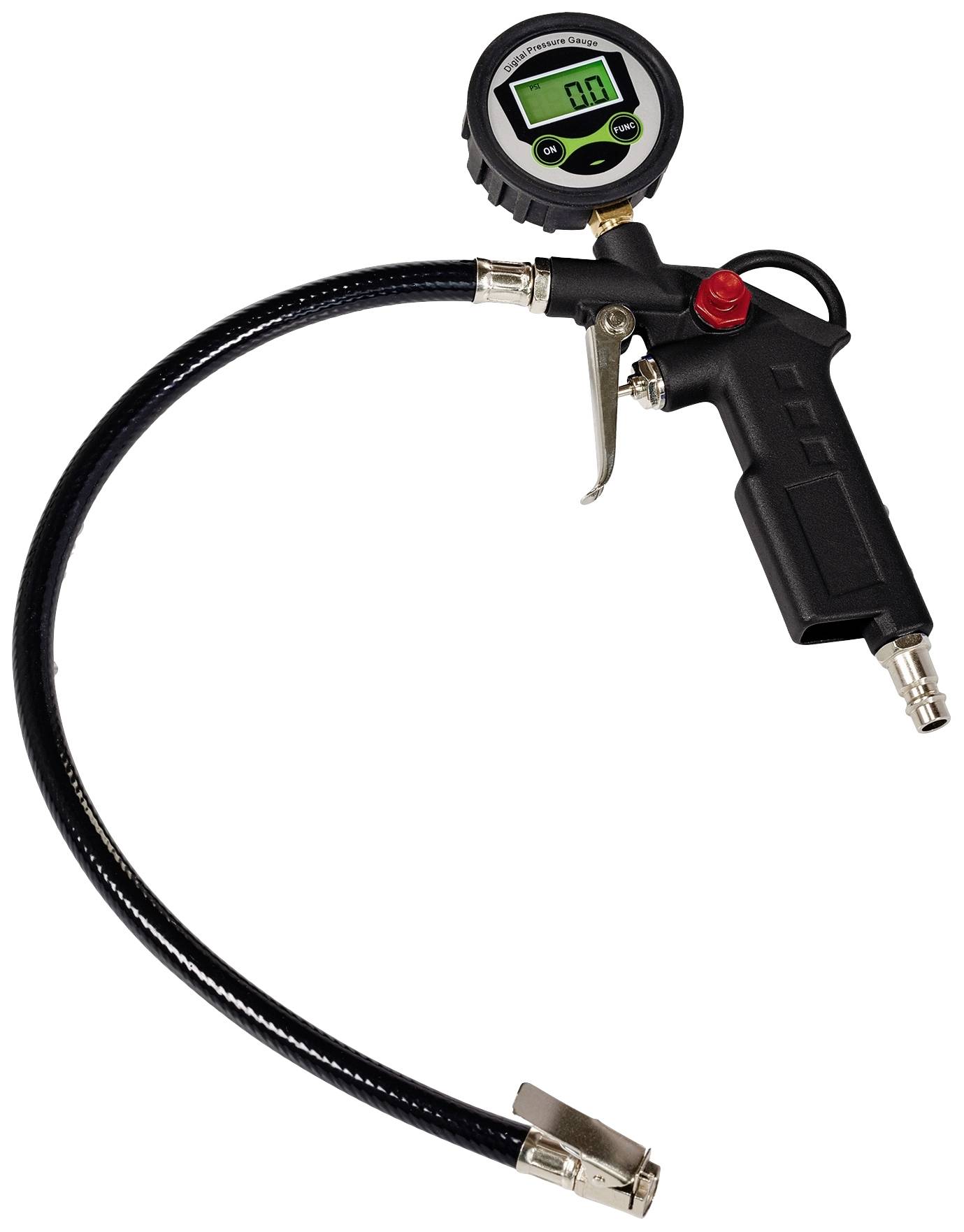 Digitális gumiabroncs-nyomásmérő fekete tömlővel és nullára állított kijelzővel. Alkalmas a gumiabroncsok légnyomásának mérésére.