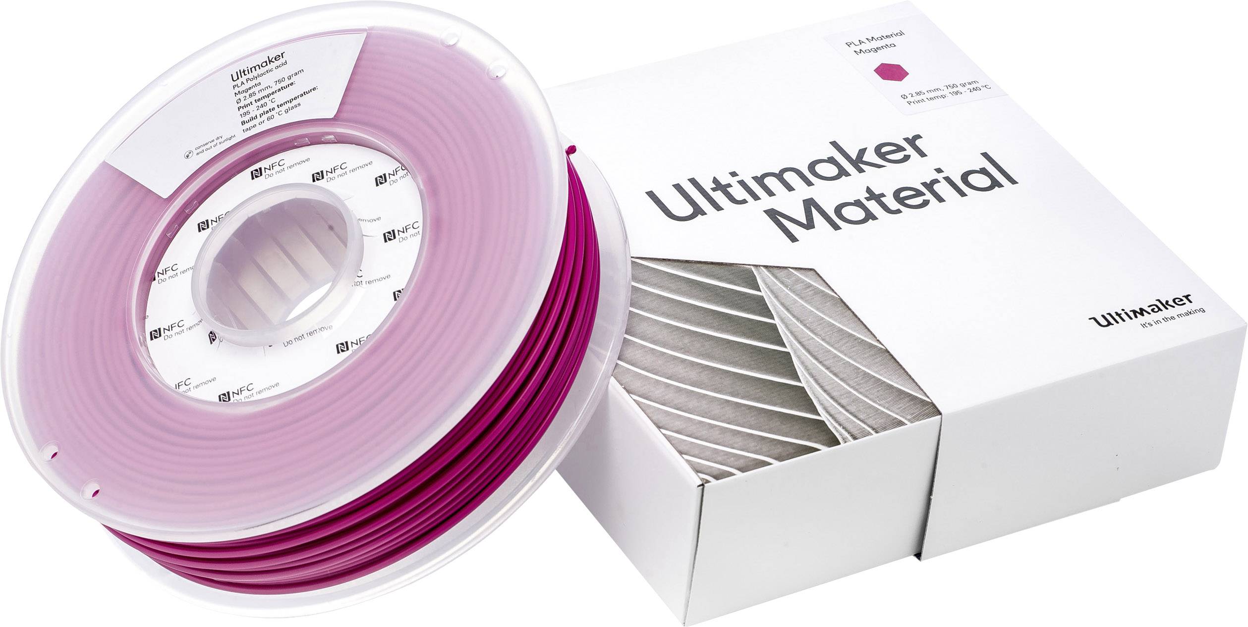 Rózsaszín száltekercs egy Ultimaker 3D-nyomtatási anyag csomagolása mellett.