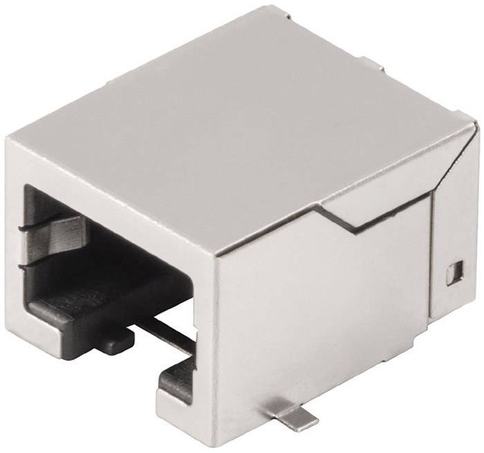 Egy ezüstszínű, téglalap alakú RJ45-ös csatlakozóaljzat fémházban, amelyet Ethernet-hálózati kábelek csatlakoztatásához használnak.