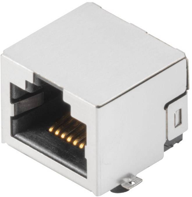 Egy ezüstszínű RJ45-es hálózati csatlakozó, amelyet gyakran használnak Ethernet-kábeles kapcsolatoknál számítógépekben és hálózatokban.