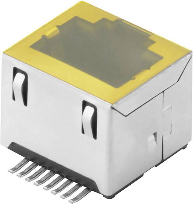 Egy ezüstszínű, sárga fedéssel ellátott, téglalap alakú Ethernet-csatlakozó.