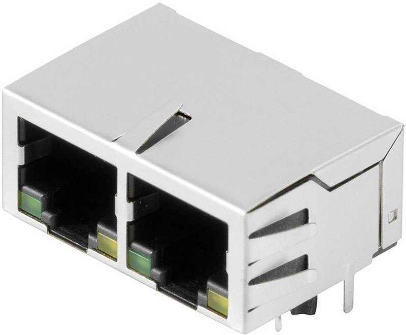 'Két RJ-45 Ethernet-csatlakozó egy ezüst foglalatban.'