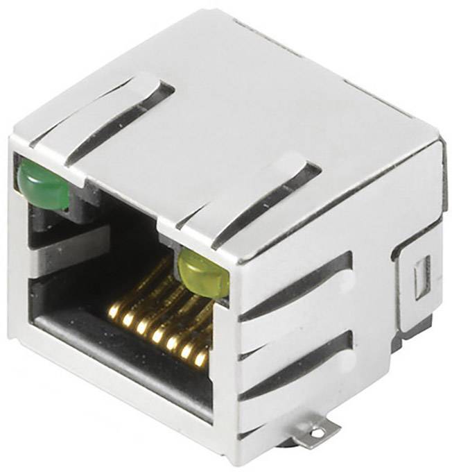 Ethernet-csatlakozó fémházban, zöld és sárga LED-jelzőfénnyel, hálózati kapcsolatokhoz.