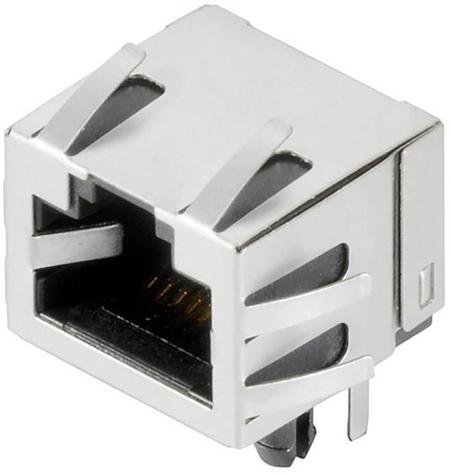 Közeli felvétel egy ezüstös Ethernet-portról, amelynek jellegzetes négyszögletes alakja és nyolc réz érintkezője van, amelyek lehetővé teszik a hálózati csatlakozásokat.