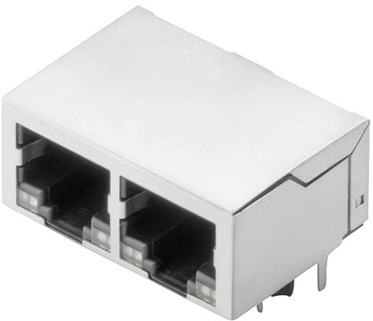 Egy ezüstszínű, téglalap alakú alkatrész, amelyen egymás mellett két Ethernet-csatlakozó helyezkedik el. A csatlakozó hálózati kapcsolatok létesítésére alkalmas.