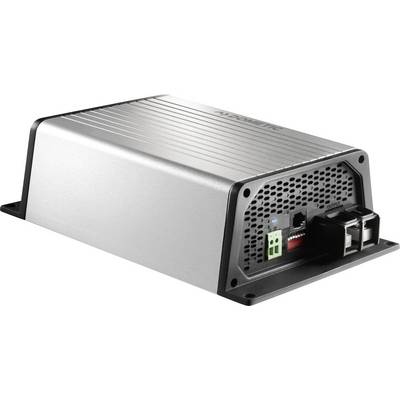 Ezüstszínű elektronikus eszköz szellőzőrácsokkal és több csatlakozóval a hátoldalán.