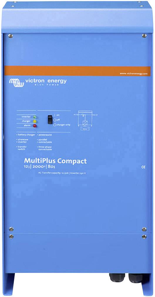 Egy kék Victron Energy MultiPlus Compact inverter elülső oldali jelzőfényekkel és kezelőszervekkel.