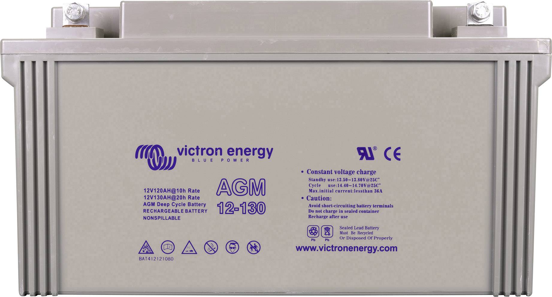'12V/130Ah AGM-akkumulátor a Victron Energy-től. Karbantartásmentes, újratölthető. Állandó feszültségigényű alkalmazásokhoz megfelelő.'