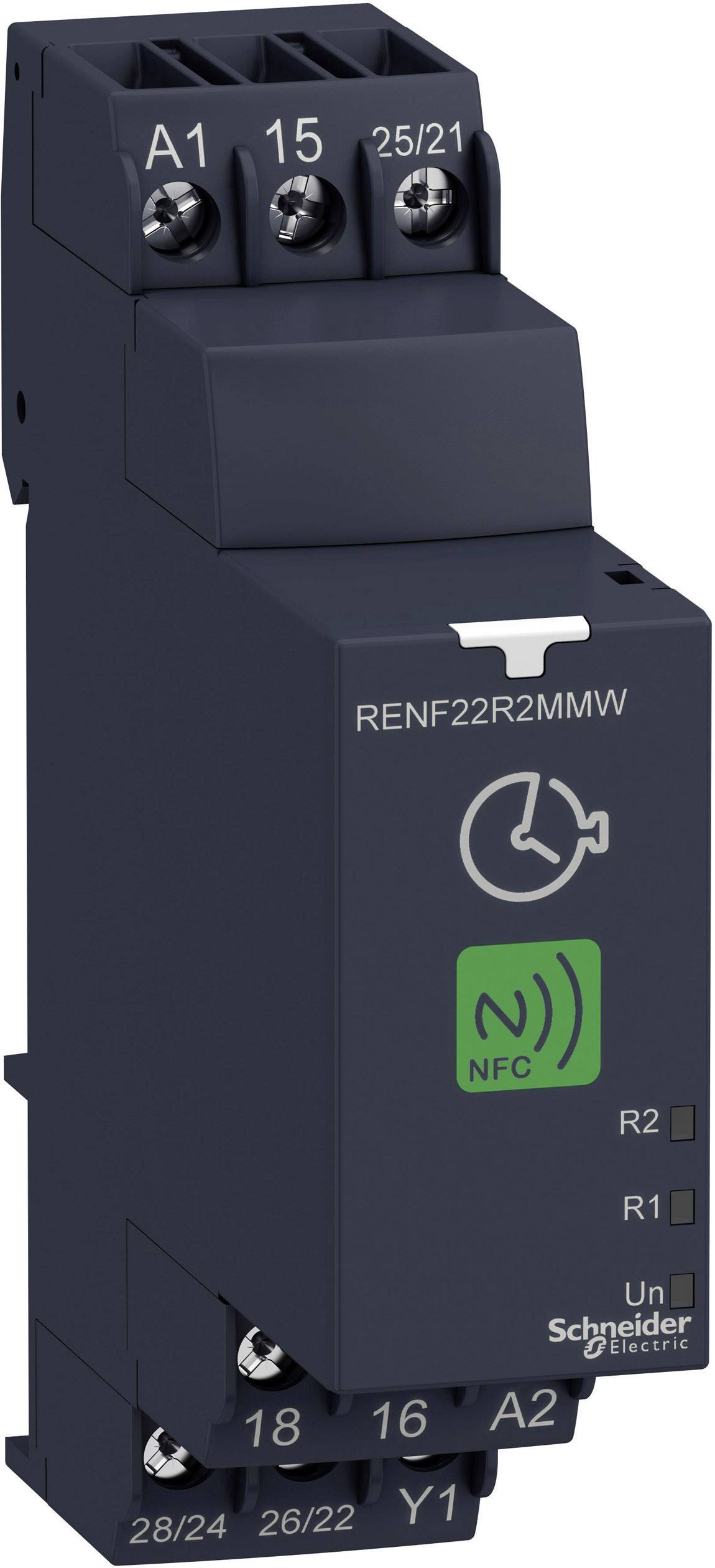 A kép egy Schneider Electric gyártmányú elektromos eszközt mutat, amelynek modellszáma RENF22R2MMW. Fekete színű és NFC-vel van megjelölve.