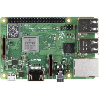 Egy Raspberry Pi 3 Model B+ alaplap, amelyen láthatók a csatlakozók és komponensek, beleértve az USB-portokat, HDMI-kimenetet és Ethernet-csatlakozót.