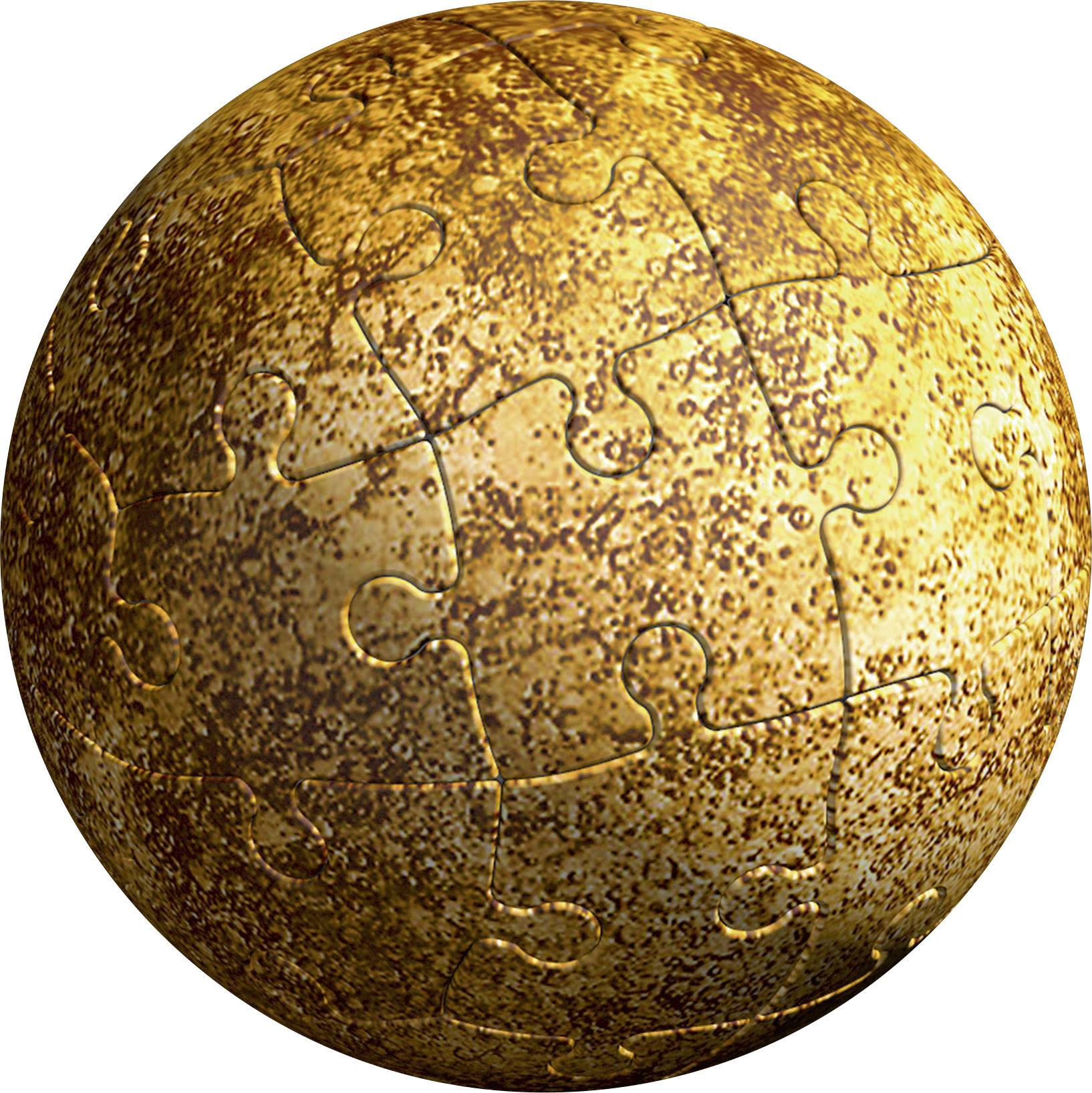 Egy gömbformájú szobor puzzle-darabokból, rücskös, rozsdabarna felülettel.