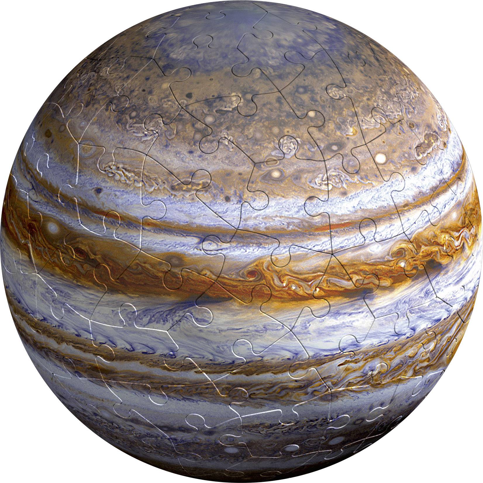 Jupiter gömb-puzzle, amely a bolygó felhősávjait és örvényeit ábrázolja. A felület egymáshoz illesztett puzzle-darabokból áll.