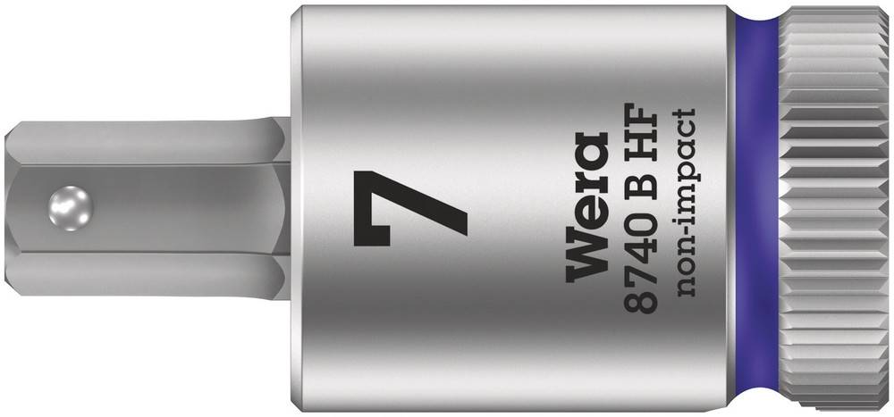 'Wera-logós csavarfej, 7-es méret, 8740 B HF non-impact modell. Fémes felület kék jelöléssel.'